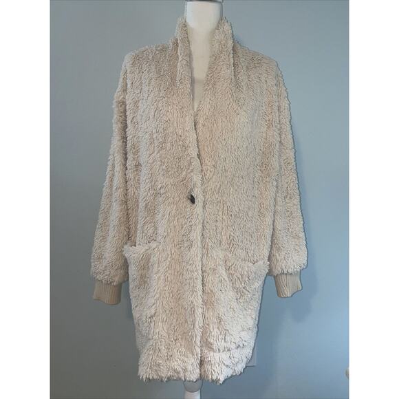 C&C California Faux Fur Teddy Bear Fuzzy Lined Coat Winter Jacket Cream Size L - Picture 1 of 16